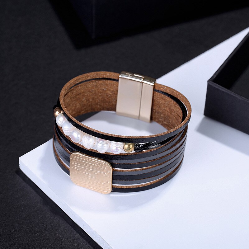 Kirykle Frauen Armbinde Geometrische Platz Metall Charme Leder Armbinde Perle Armbänder Armreifen Goldene Pendeln Schmuck