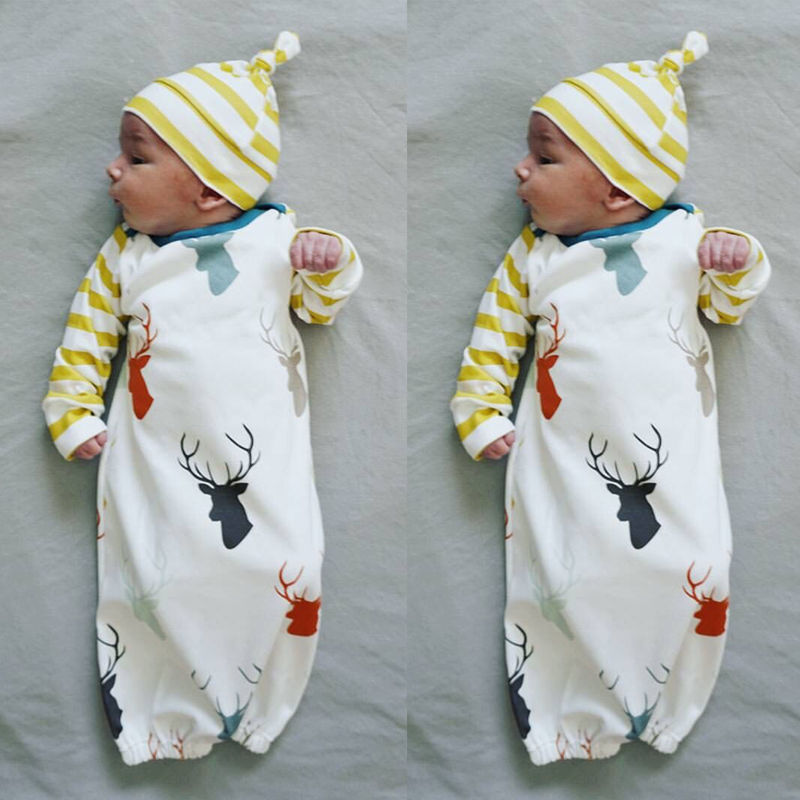 Newborn Infant Baby Girls Boy Sleeping Pajama Robes Casual Sleepwear + Hat Cute Deer Outfits Baby Boys 0-12M