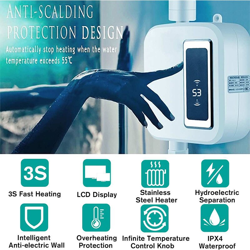 220V 3500W Electric Water Heater Instant Tankles water heater Mini heater with LCD Display EU Plug for Kitchen Bathroom Home