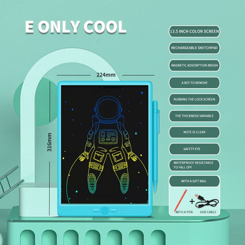 Rechargeable Graphics Tablet 13.5-Inch LCD Eye Protection Screen Anti Graphics Tablet Lightweight Portable Graphics Tablet: 13.5inch color blue