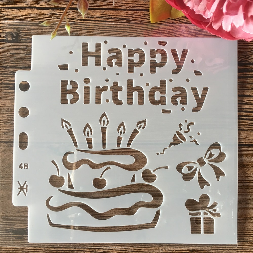 14*13Cm Gelukkige Verjaardag Cake Diy Gelaagdheid Stencils Muur Schilderen Plakboek Kleuring Embossing Album Decoratieve Template