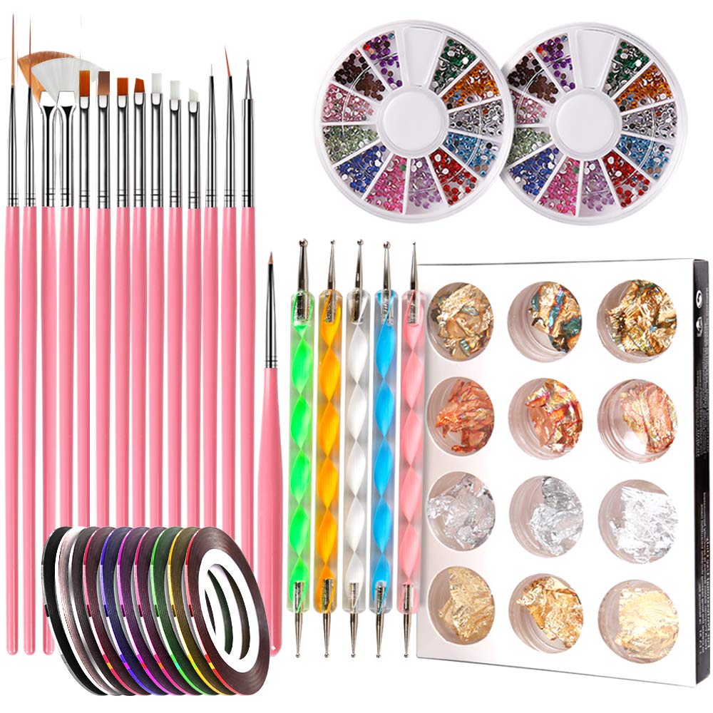 Nail Art Set Gel Brush Dotting Pen Glitter Polish Rhinestones Striping Tape Stickers Accessories Tools Kit Decorations