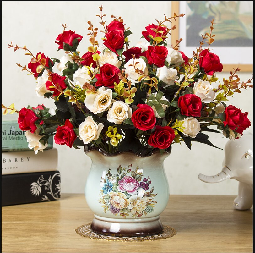 1set European artificial flower+vase living room home table wedding decor potted bonsai ornament silk flores +Ceramic vase: e1