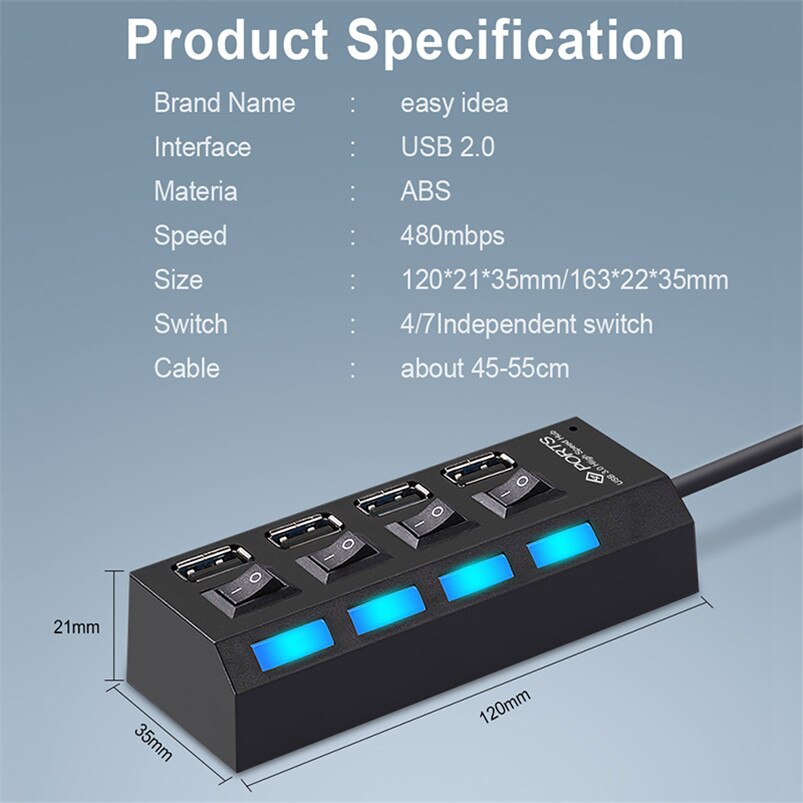 Usb Hub 2.0 High Speed 480Mbps 4 7 Poorten Micro Hub Usb Op Uit Schakelaar Usb Splitter Adapter Voor pc Laptop Computer Usb Hub