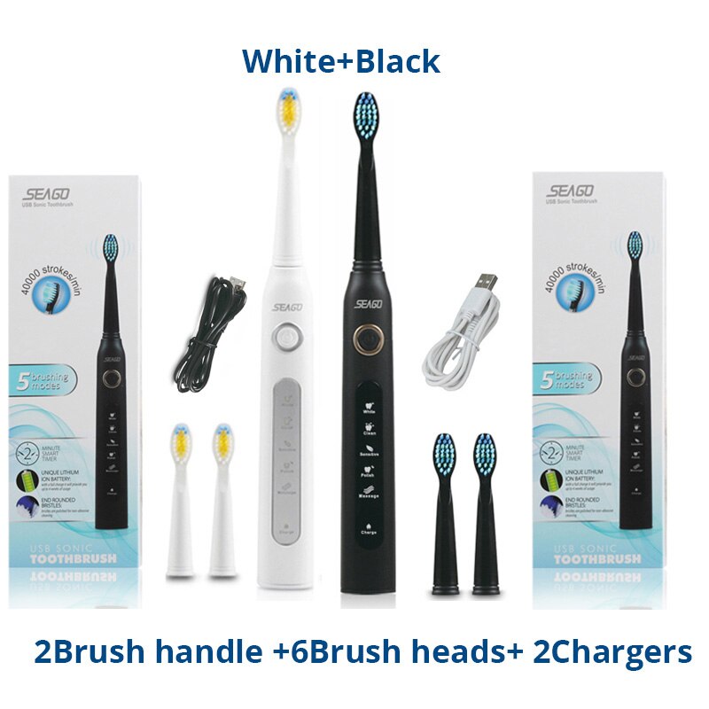 Adulto sônico escova de dentes elétrica seago SG-507 recarregável 5 modos profunda oral limpo macio dupont cerdas cabeças escova: WhiteBlack