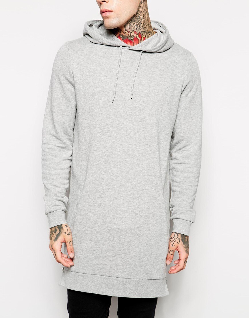Men's Long Grey Hoodies Sweatshirts Feece With Side Zipper Longline Hip Hop Streetwear Shirt Tops Longline: Grey / XXL