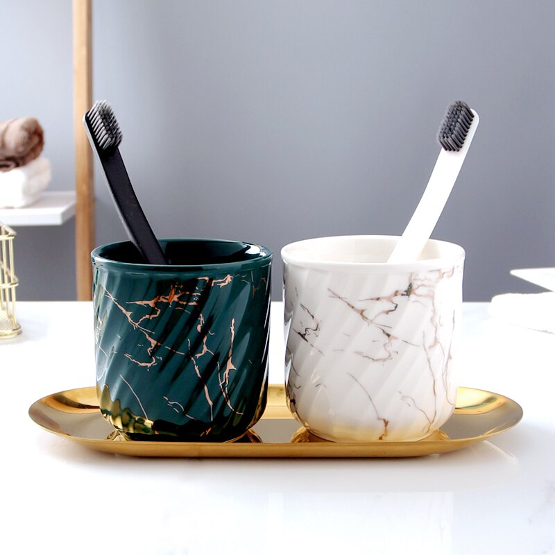 Ceramics 270ml Brushing Cup Simple Style Mouthwash Cup Marble Thread Lotion Bottle Separate Press-type Empty Bottle Couple Suit