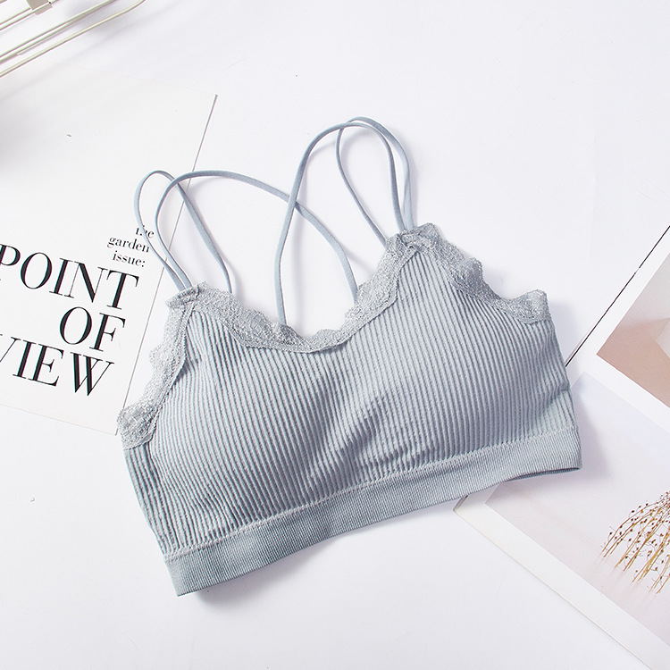 Japanese-style Cross Camisole Beauty Back Tube Top Women's Non-Steel Ring Lace Wrap-around Underwear Bra: Gray