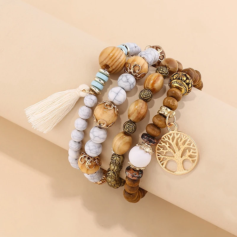 4 Teile/satz Boho Holz Perlen Armbinde einstellen Für Frauen Baum Des Lebens Weiß Quasten Charme Elastische Kette Armreif Dame Böhmen Schmuck