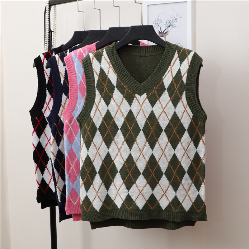 Vintage Argyle Sweater Vest Women Knitted Pink Tank Top V Neck Sleeveless Loose Korean Waistcoat Center