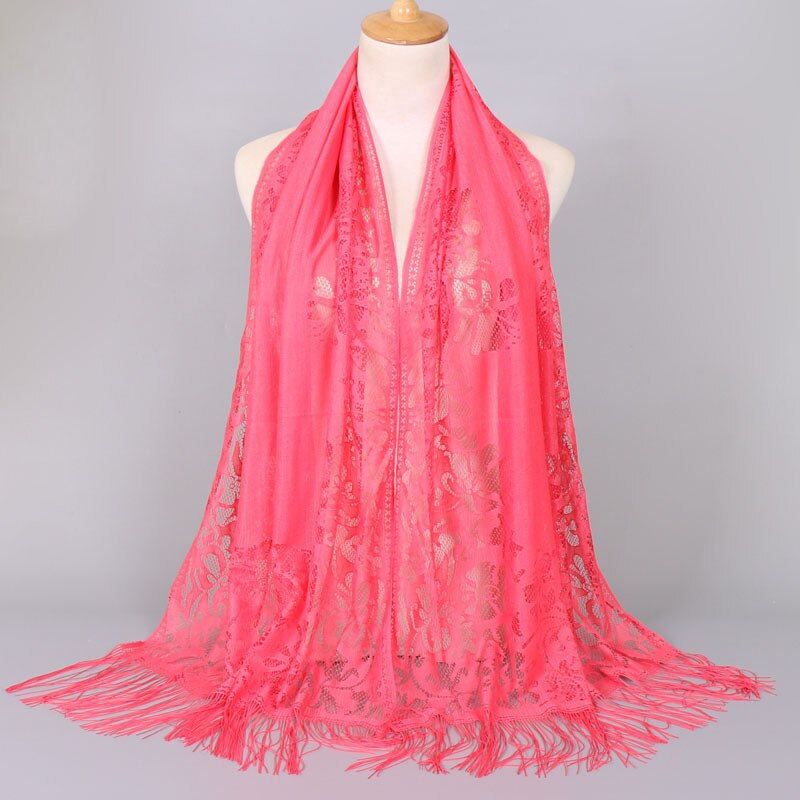Hollow Out Flower Lace Hijab Sjaal Vrouwen Effen Kleur Vlakte Moslim Hoofd Haar Sjaals Wraps Winter Wit Zwart Rood: Watermelon Red