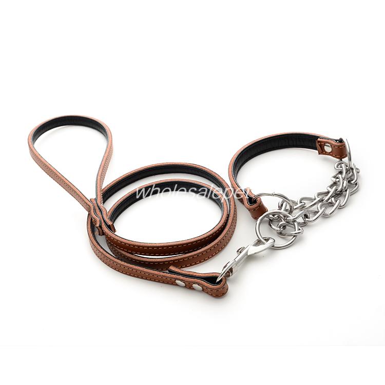 Lederen Hond Wandelen Leash & Half Chain Choke Pet Training Kraag Set: Brown / M