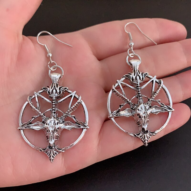 Nova moda glamour retro pentagrama pan deus crânio cabeça de cabra pingente brincos gótico bruxa jóias: Silver-Style 1