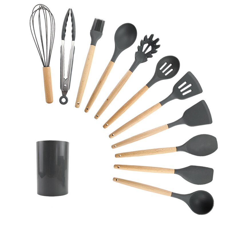 Silicone cuisine ustensiles de cuisine ensemble antiadhésif résistant à la chaleur ustensiles de cuisine manche en bois cuillère soupe louche ustensiles de cuisine Gadget de cuisson: 12PCS Brown