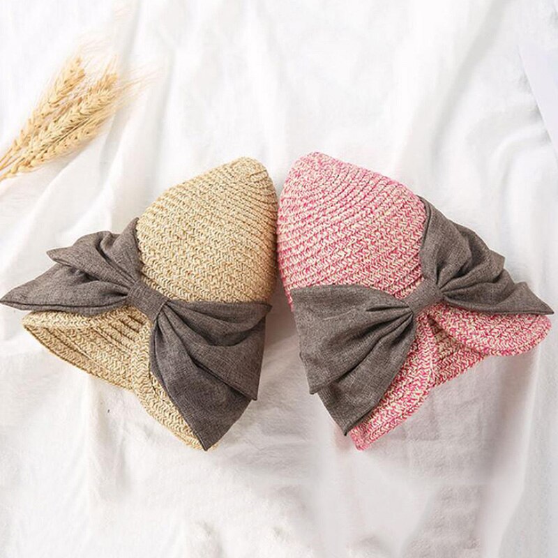 Children's Sun Hat Big Bow Wide Brim Floppy Summer Hats For Kids Beach Panama Straw Bucket Hat Sun Protection Visor Femme Cap
