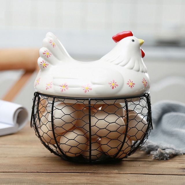 Keramisk ægholder kyllingetråd æggekurv frugtkurvopsamling keramisk høne oramenter dekoration køkken opbevaringsværktøj: 9