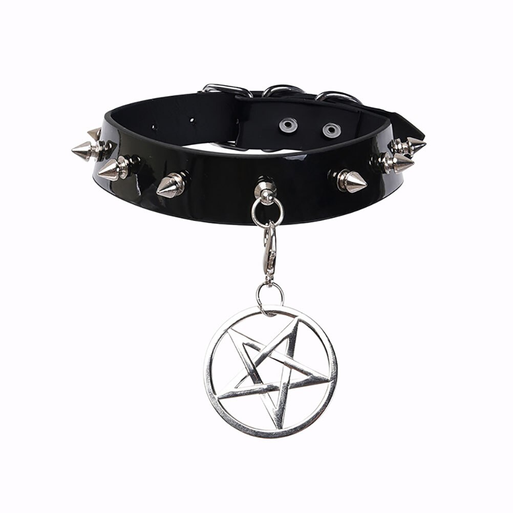 2 Pendants Gothic Choker Women Vintage Pentagram Hexagram Punk Goth Rivet Pu Leather Collar Choker Necklace