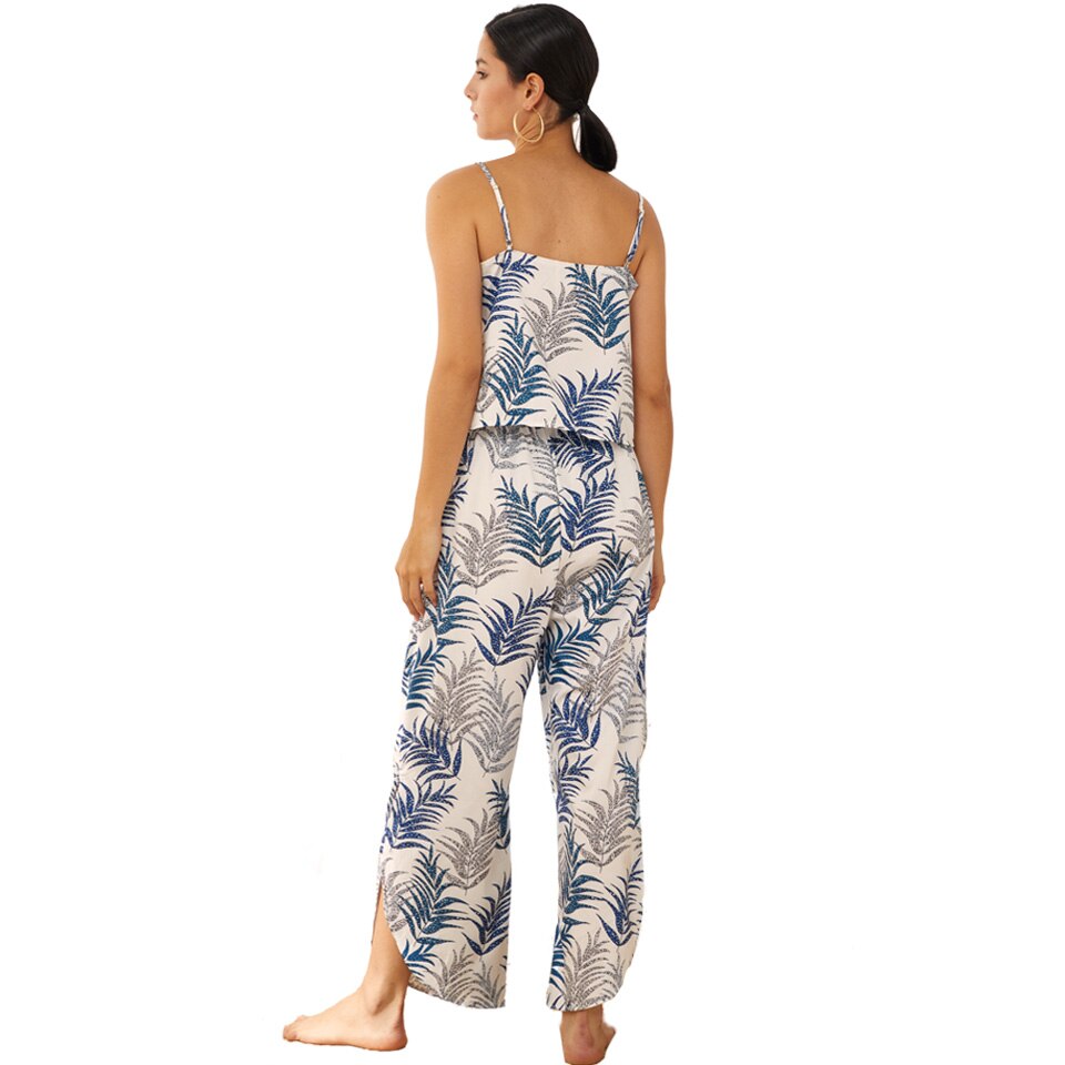 Leaves Printed Pajamas Set Buttons Sexy Sleepwear Suit Top with Pant Comfortable Leisure Wear Summer Homedress