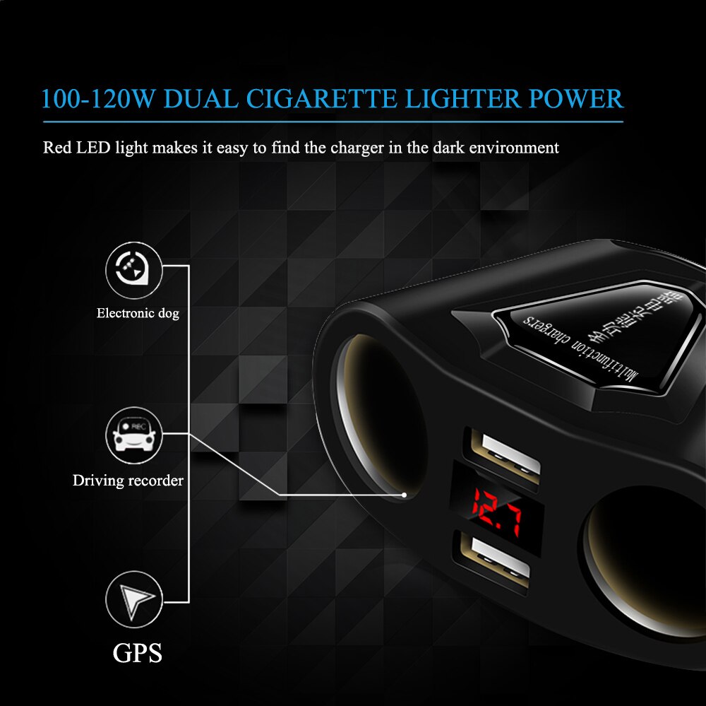 120W 2 Port Cigarette Lighter Sockets Power Adapter With 3.1A Dual USB Car Charger And Current Volmeter Display For Phone GPS
