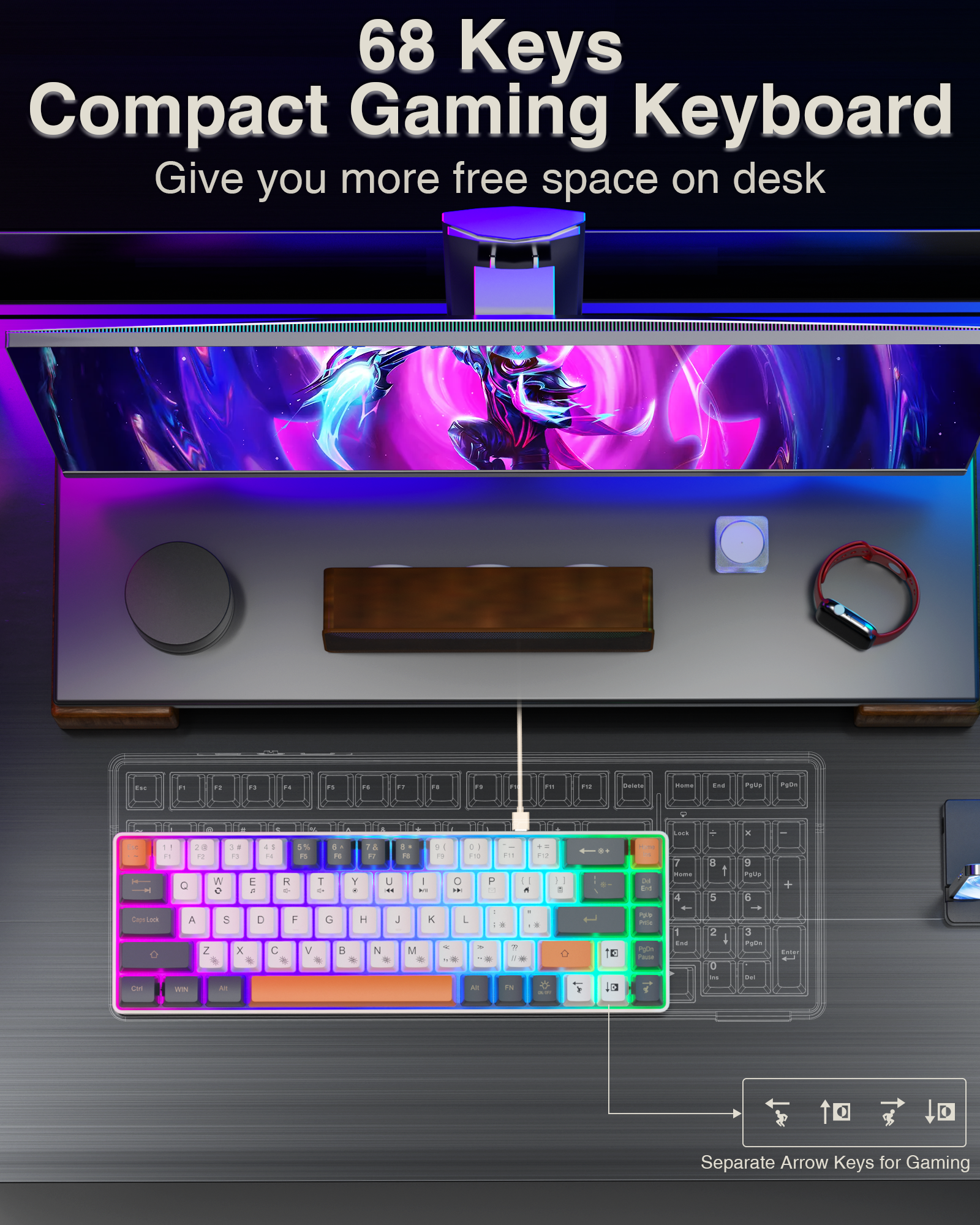 SOLAKAKA SK968 Wired Keyboard Cool RGB Backlit Ergonomic Portable Keyboards Membrane Keyboard for PC Laptop