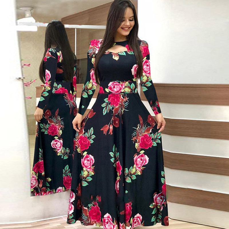 Kvinders efterårsprint langærmede slim fit vestido rund hals blomster hule maxikjoler roupas mujer 5xl
