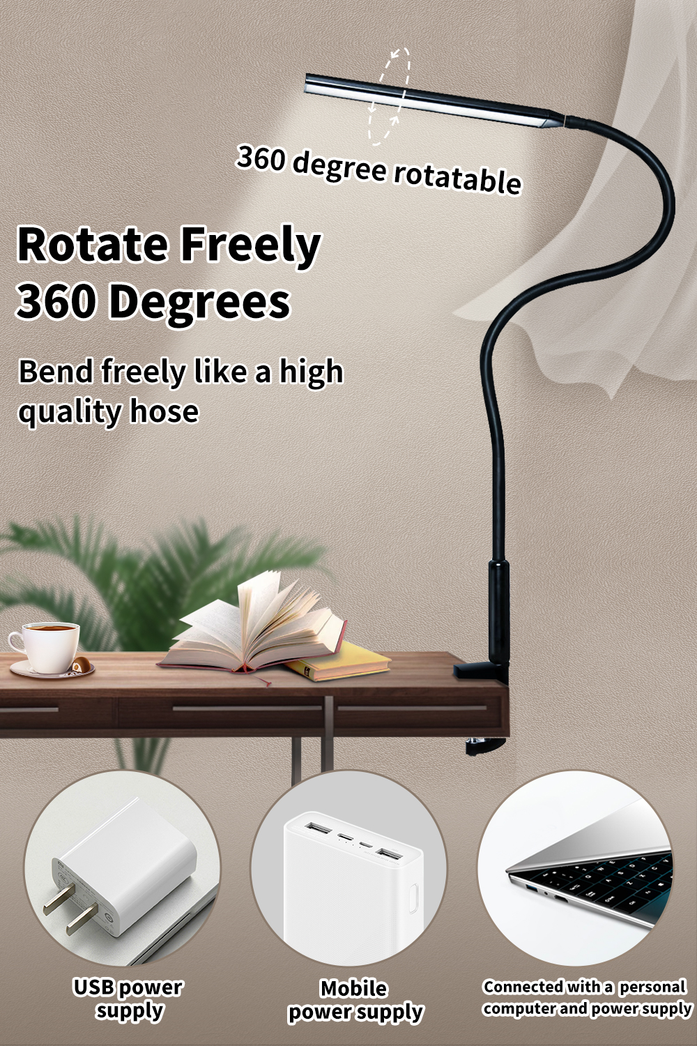 Lampada da scrivania a LED Braccio oscillante alimentato tramite USB Morsetto flessibile a collo di cigno Luce da architetto dimmerabile con 3 modalità colore per leggere e lavorare