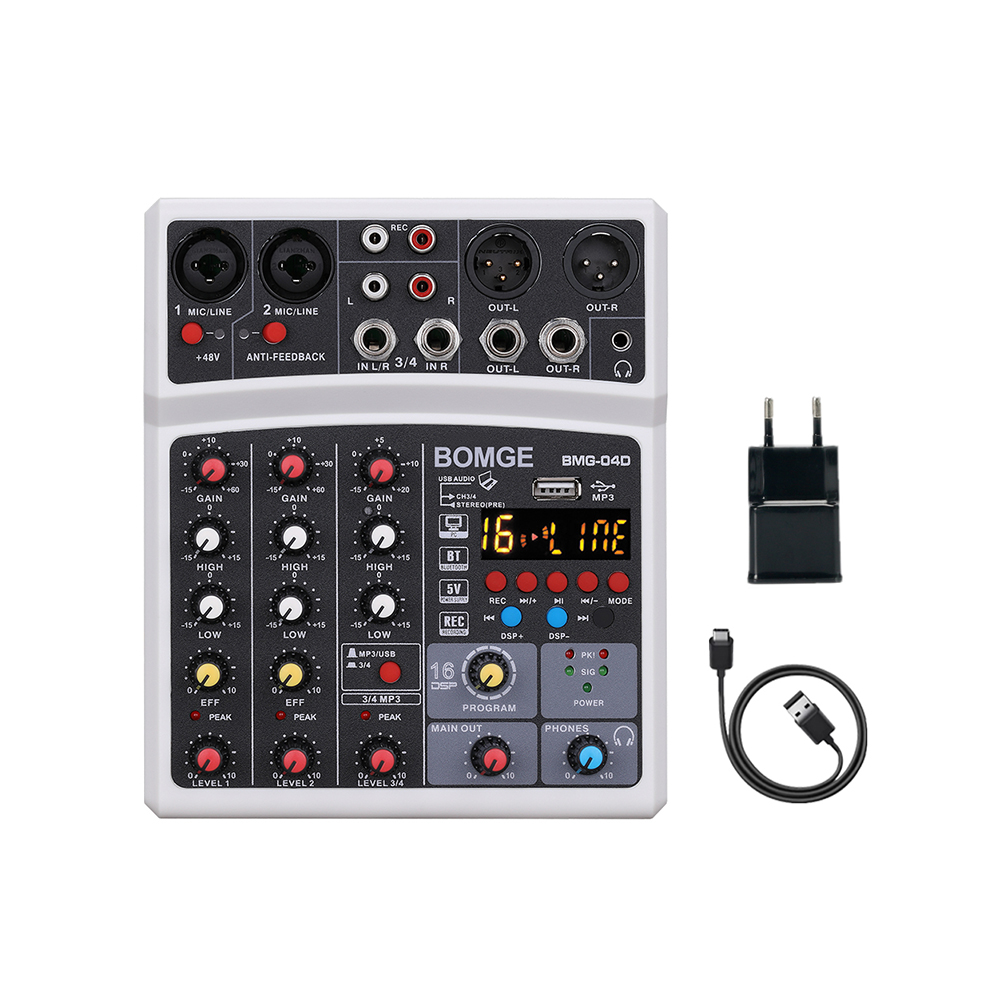 Wireless 4 Channels Audio Sound Mixer Mixing DJ Console USB Interface Sound Card with 48V Phantom Power 16 DSP Effects: Default Title