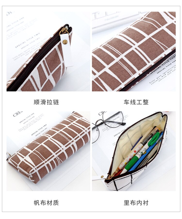Square Plaid canvas small fresh stripe pencil case simple and pencil case for boys and girls