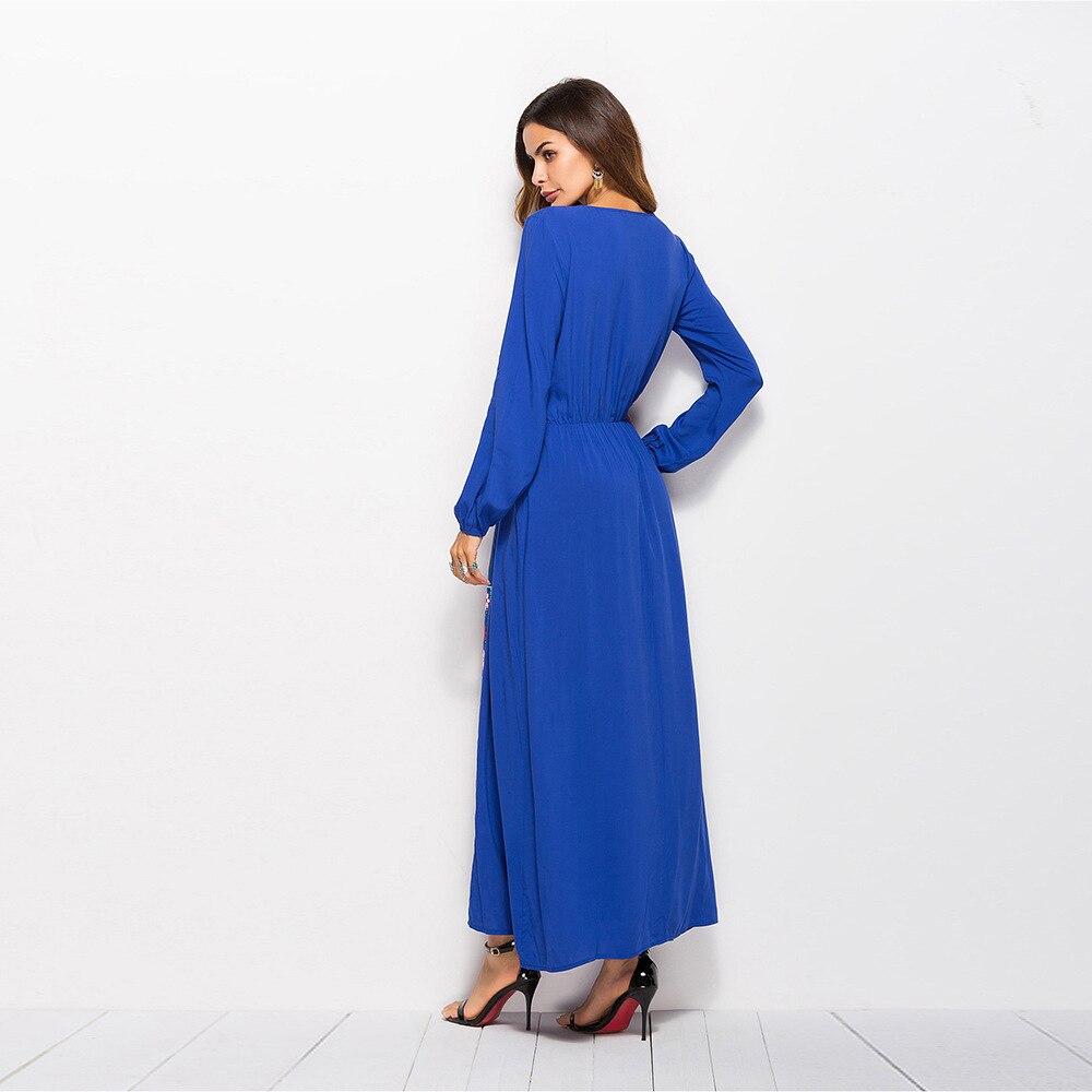 TEXIWAS, vestido de Negro Azul, kimono para mujer, estampado de flores, manga larga, bordado, vestido de línea A, Vestido largo de trabajo Floral