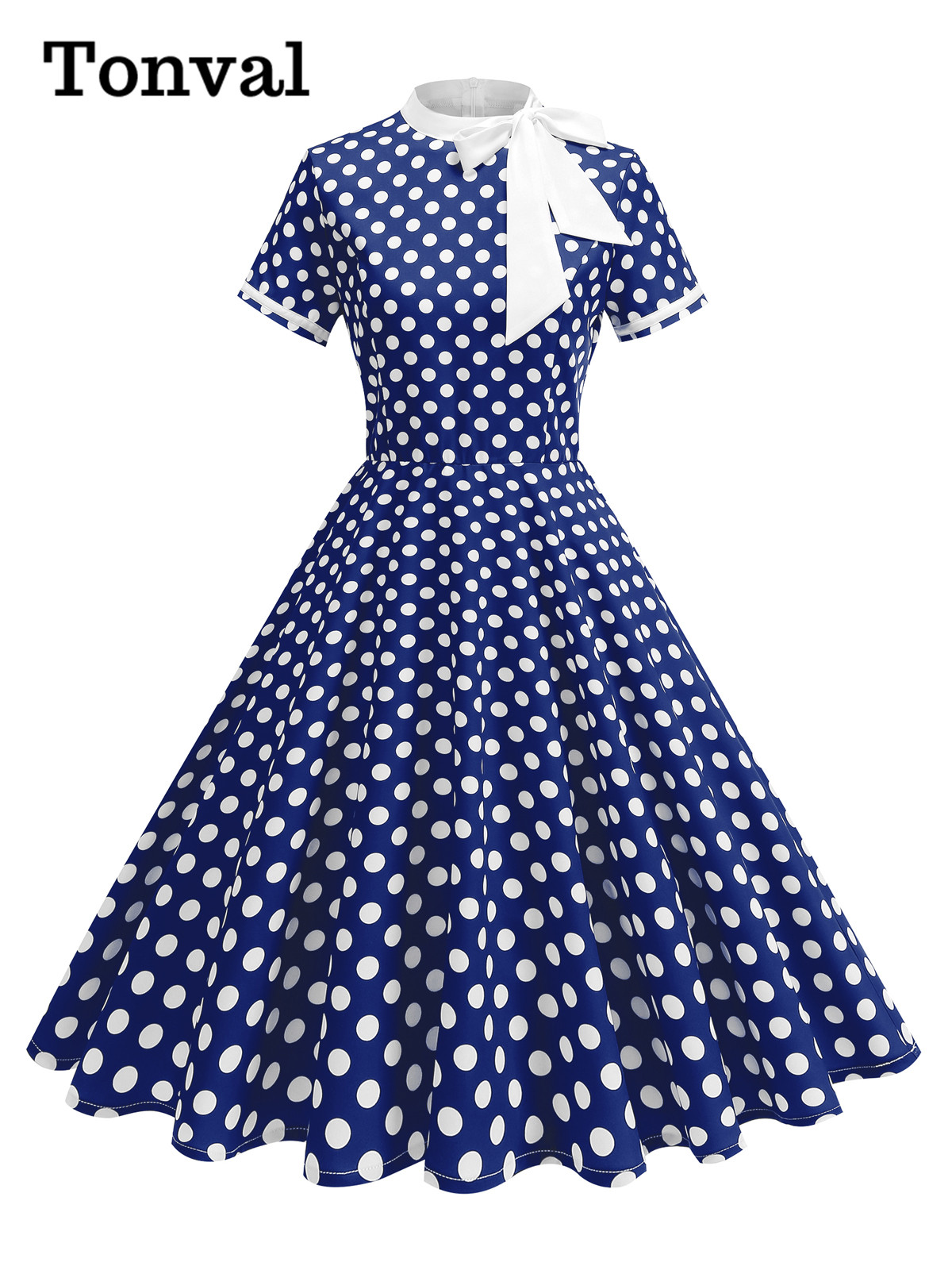 Tonval 1950s vintage fest fødselsdagskjole sommertøj til kvinder sløjfe hals polkaprikket print midi swingkjoler