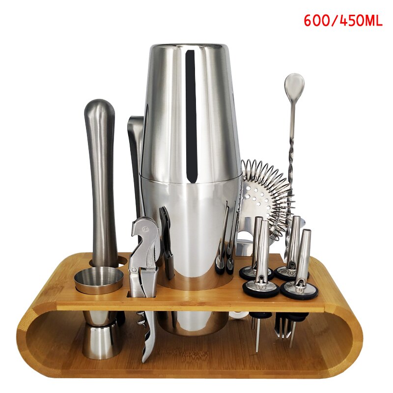 750ml/600ml rustfri bar cocktail shaker sæt barware sæt shaker sæt med træstativ: 13 stk 600 450ml stativ
