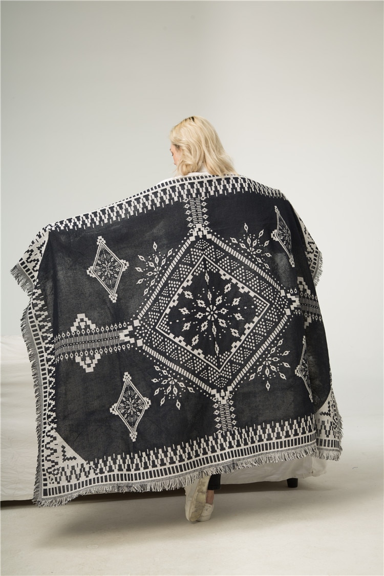 Dikke katoenen draad gebreide deken geometrische zwart-witte mooie vintage deken met kwastje bankhoes bed woonmat