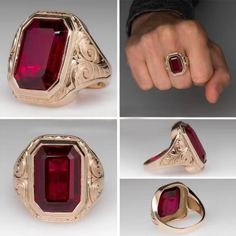 Vintage Heren Red Crystal Sieraden Hanger Goud Grote Ruby Stone Ovale Zirkoon Ringen Voor Mannen Mode Luxe Engagement Sieraden