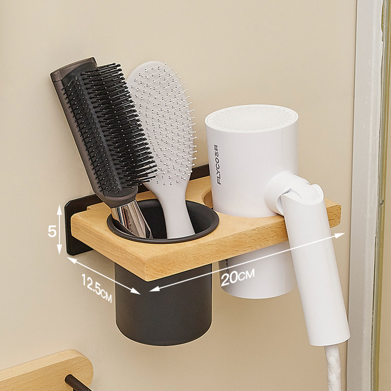 Bathroom Wall Mount Hair Dryer Holder Hair Care & Styling Tool Organizer, Farmhouse Wooden Beauty Hair Appliance Holder: Light Black