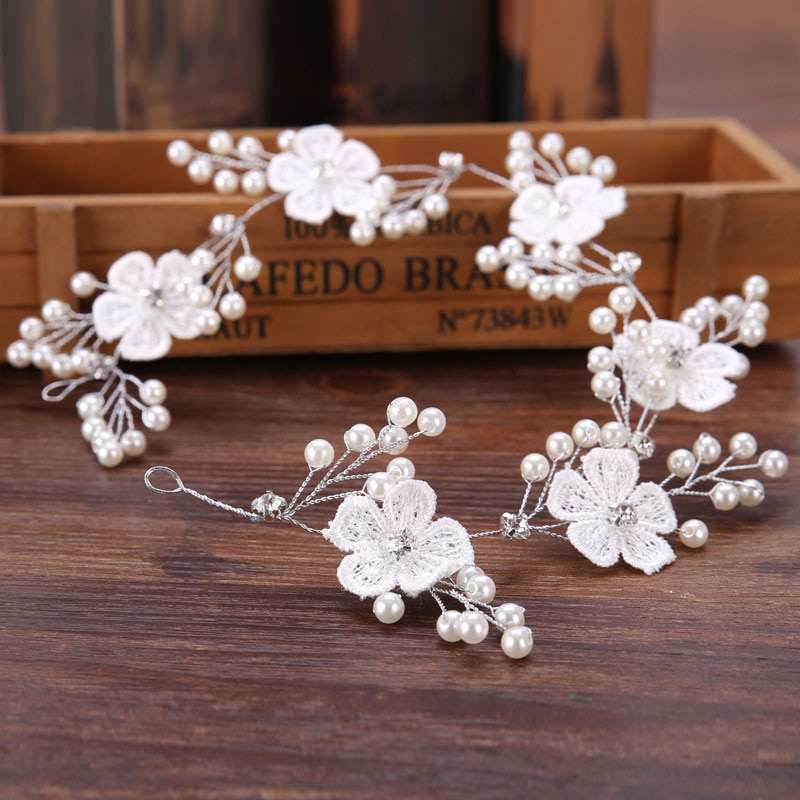 Handgemaakte Witte Kant Bloem Hoofdbanden Vrouwen Tiara Crystal Parel Haarband Hoofddeksel Wedding Bruids Haar Sieraden Accessoires Sl