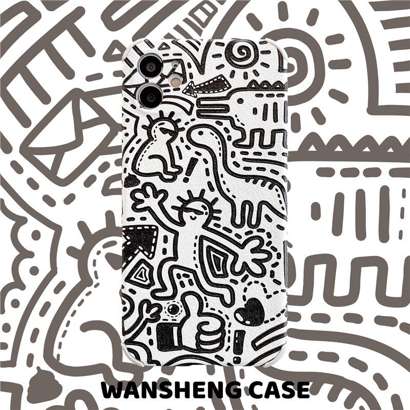 Retro dinosaurus wanddecoratie doodle japanse telefoonhoesje voor apple iphone 12, 11 pro max xr, xs max 7, 8 plus, 7 plus hoesje schattige zachte hoes