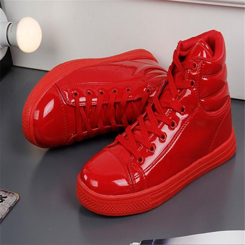 women and Men&#39;s High Top Patent Leather PU Casual Flats Shoes Man Outdoor Footwear Leather Ankle Boots Mens Martin Boots