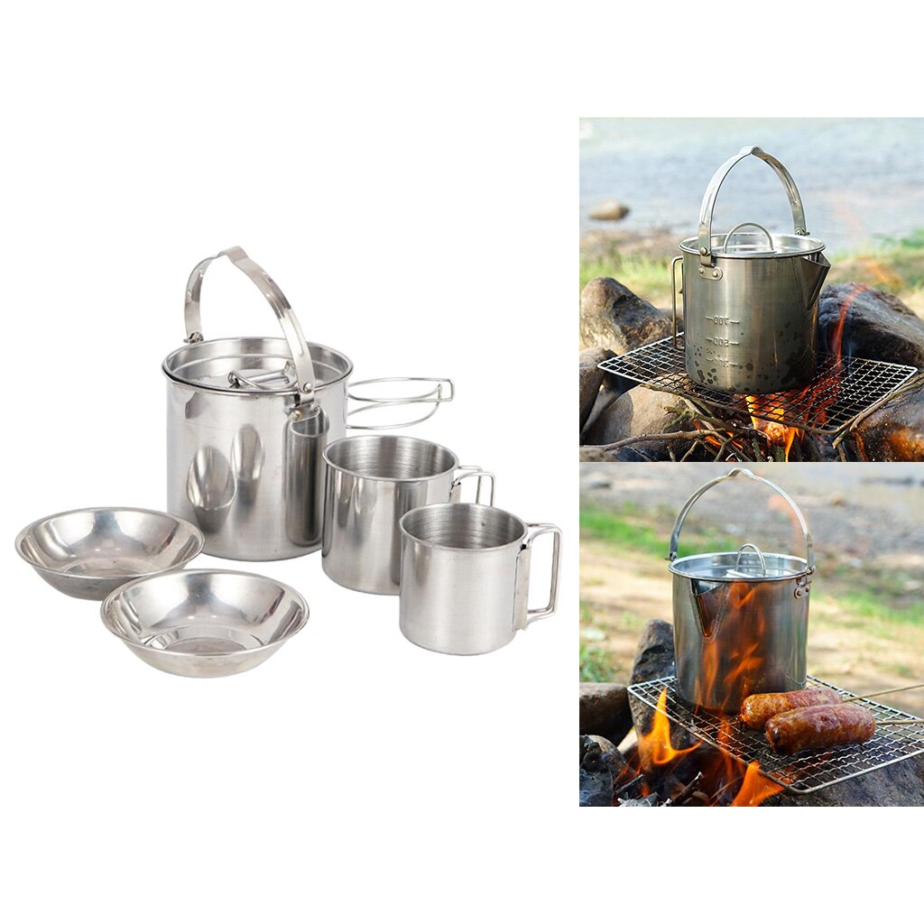 Batterie de cuisine de Camping-feu de camp Barbecues marmite de plage, randonnée à l'extérieur bouilloire suspendue et tasses avec poignée pliante