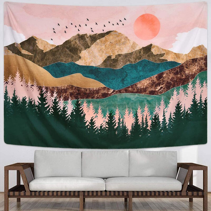 Mural de paisaje abstracto moderno, tapiz de pared de poliéster para decoración del hogar, montaña al atardecer, bosque, Pirnt Asuka
