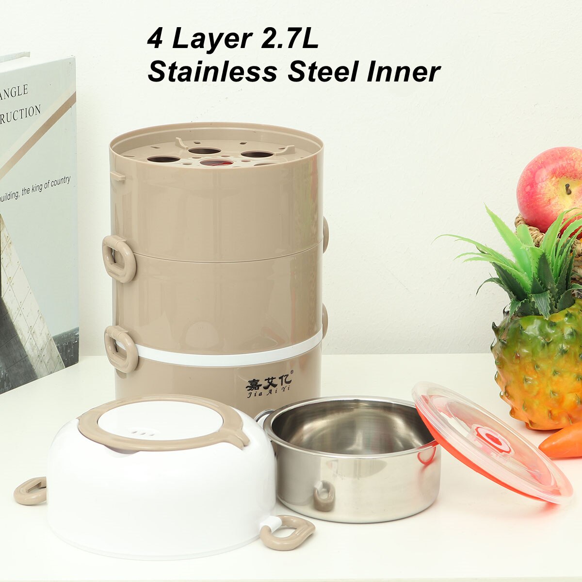 2.7L 220V Electric Lunch Box Stainless Steel Portable Rice Cooker Food Warmer Container Steamer Office Student Bento Box 4 Layer