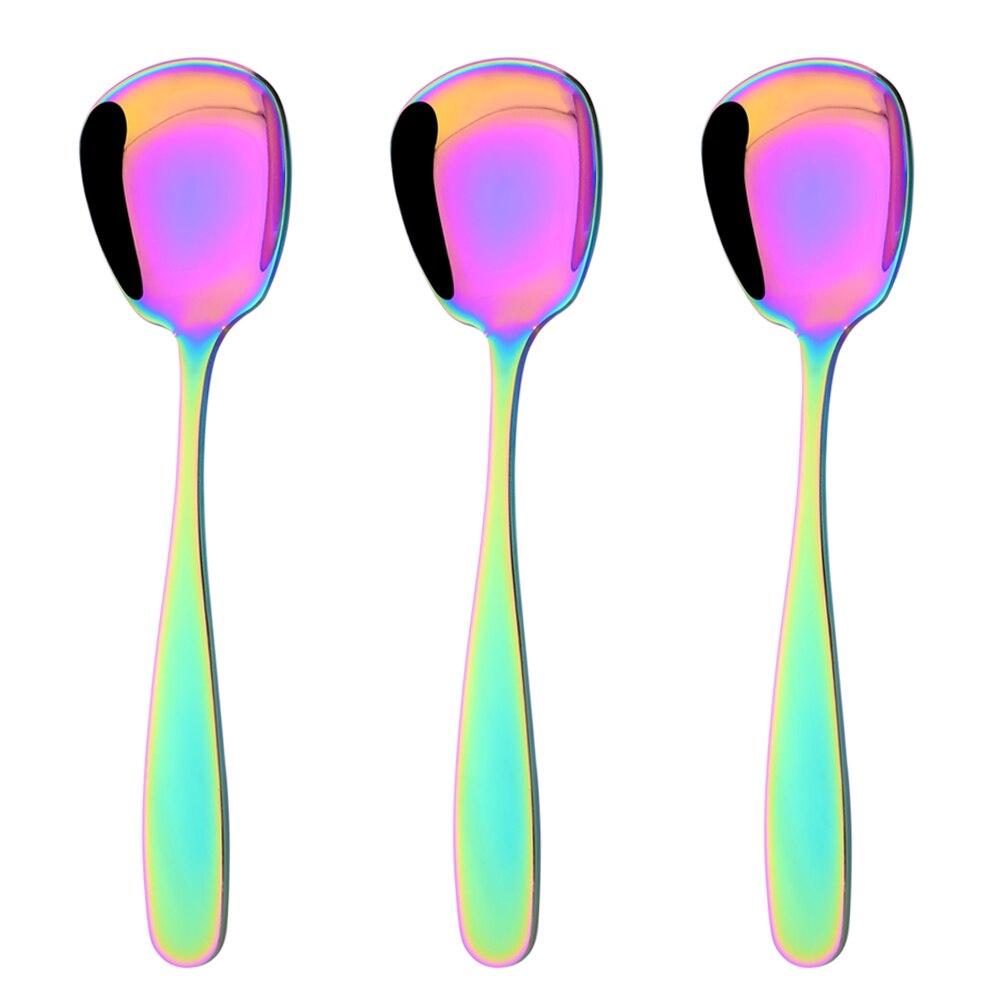 3Pcs Cutlery Stainless Steel Set Plat Bottom Square Dinner Spoons Dinnerware Child Ice Cream Dessert Salad Spoons Silverware Set: S 3.9x15.3(cm) / 3Pcs Rainbow