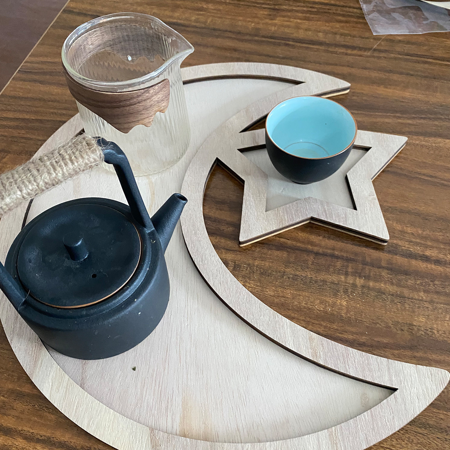 Ramadan Moon Shaped Wooden Decorations Eid Al Fitr Crafts Ornaments Southeast Asian Home Snack Dessert Pastry Serving Tray