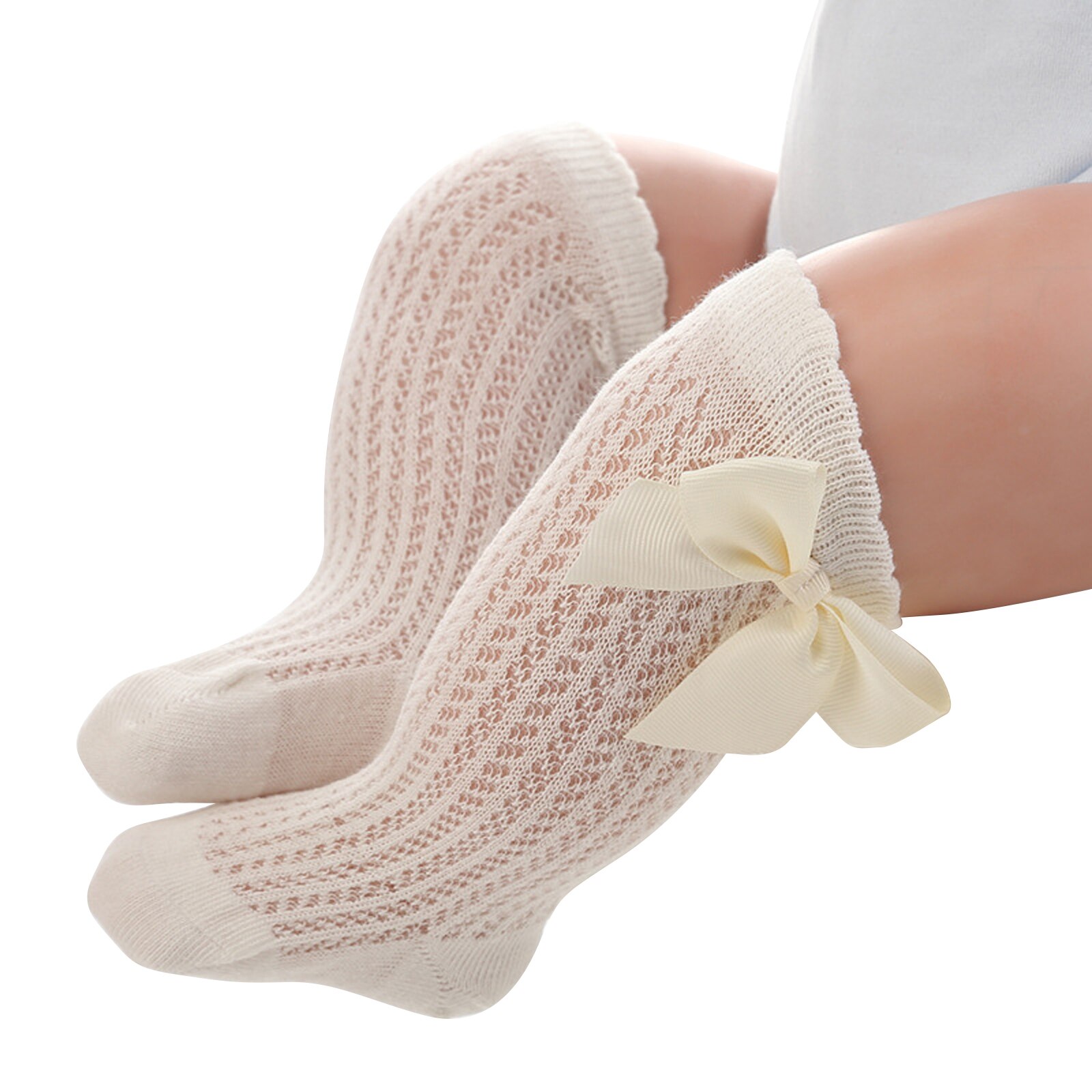Calcetines de decoración con lazo grande para niñas, medias hasta la rodilla, holgadas, de estilo fino, vestido de princesa, accesorios de disfraces de bautizo: Beige / M