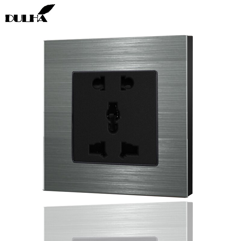 EU UK US Universal 5-Pins/hole Wall Socket, Multifuncational 5 Pin Electrical Plug Power Outlet, Luxury Brushed Aluminum Panel