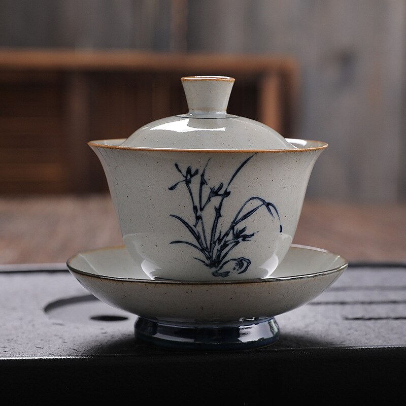 Retro Jingdezhen Hand-painted Tea Set Bowl China Kung Fu Tea Set Thick Pottery Bowl Ceramic Blue and White Tea Bowl Tea Set: v