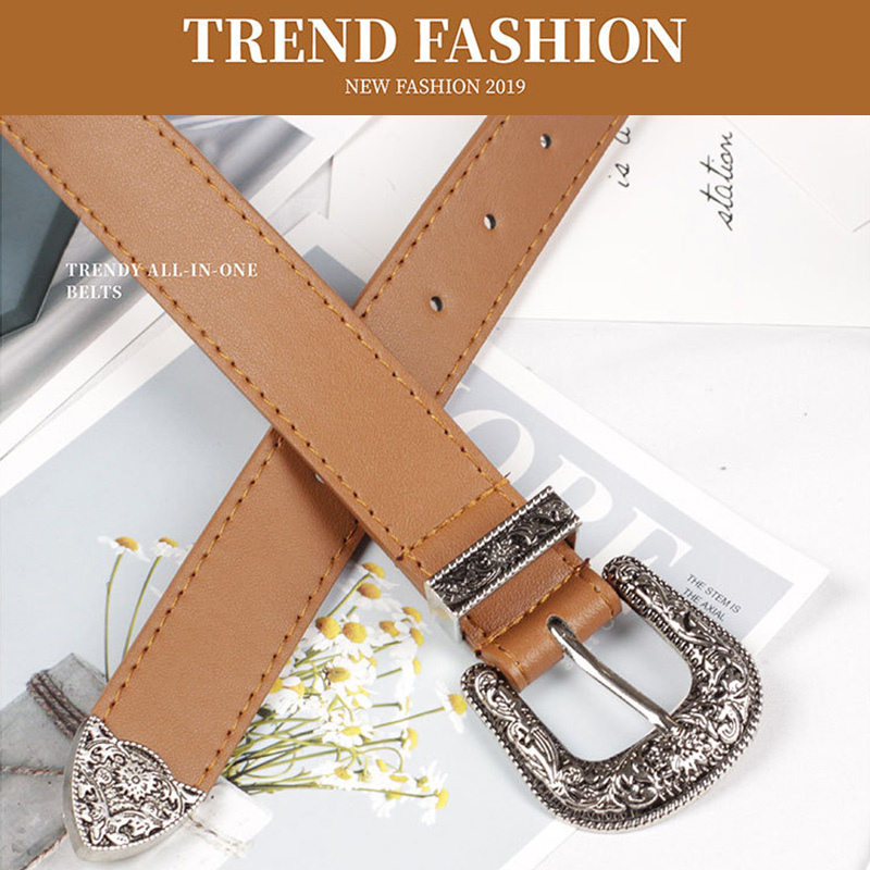 Lær kvinner belte svart årgang metall firkantet spenne midje belter til damer cowboy bukser belte linning ceinture femme