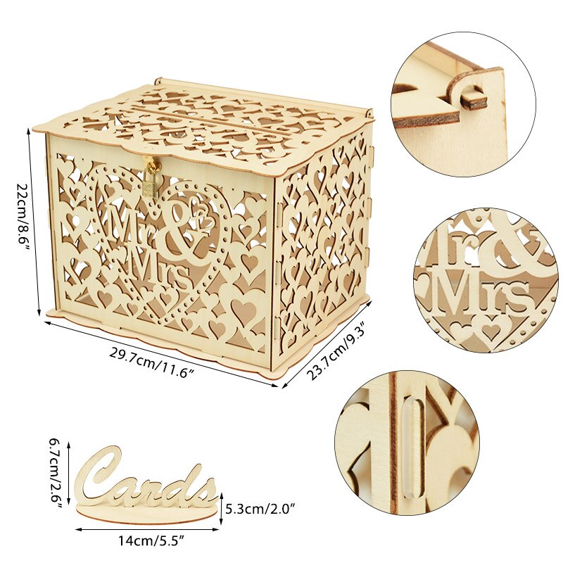 Wedding Card Box Greeting Cards Notes Holder I Love You MR MRS DIY Wood Wooden Boxes Wedding Decoration Birthday Party Supplies: W02