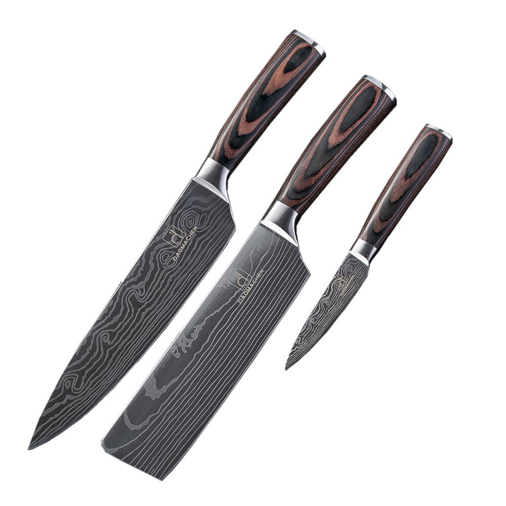 Køkkenknive damaskus årer rustfrit stål 3 stk farve træskaft skæreværktøj santoku udskæring kok kokkekniv: 3 sæt