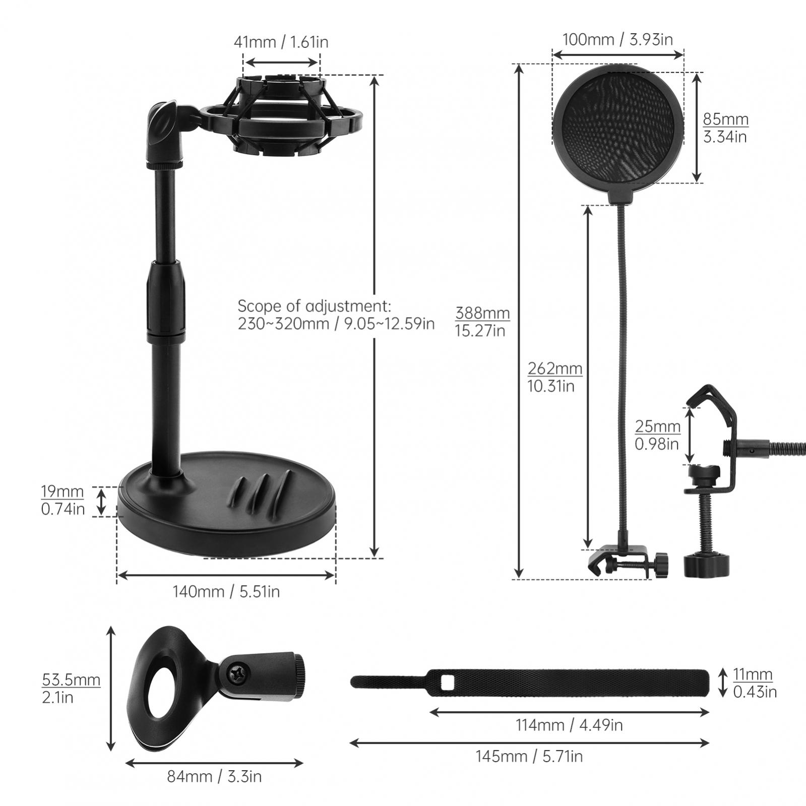 Mic Stand Desk Table with Weighted Base, Pop Filter, Shock Mount, Mic Clip Desktop Microphone Stand with Phone Holder