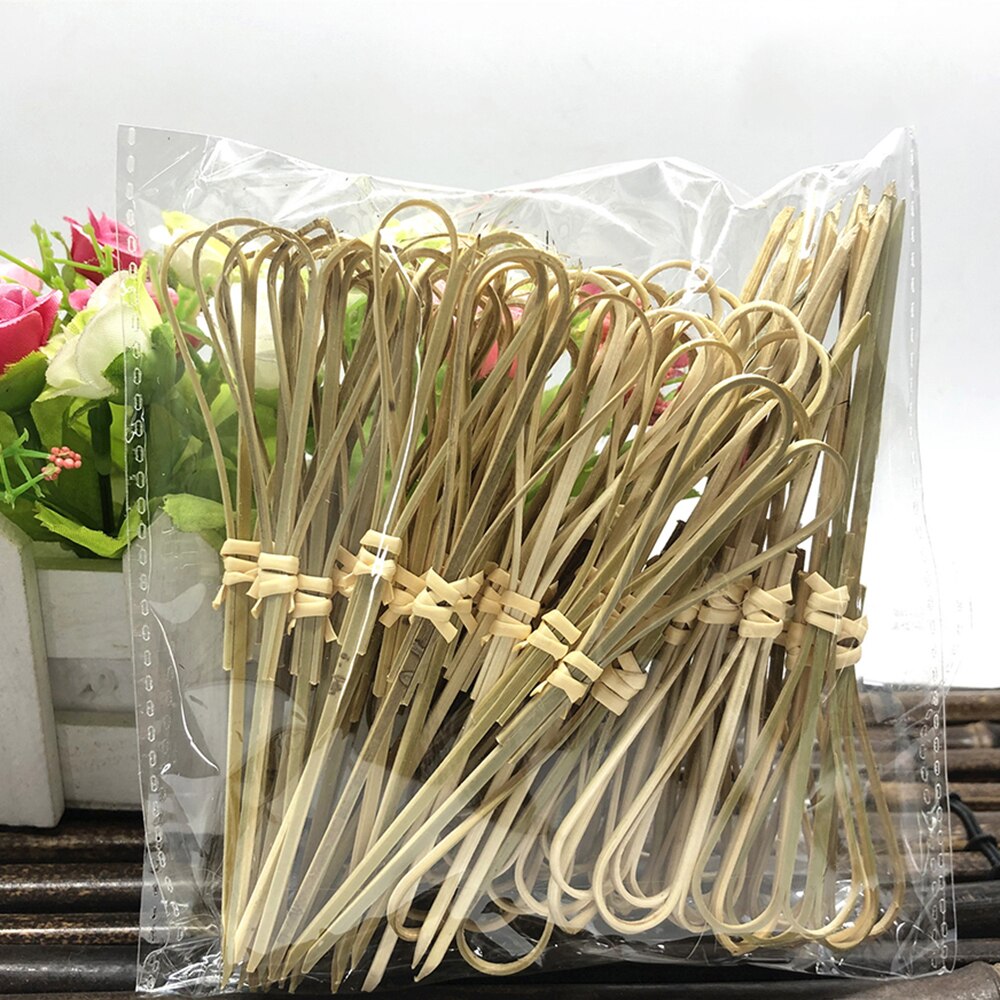 50PCS Disposable Bamboo Stick with Twisted End Scissors Shape for Barbecue Snack Sandwich Fruit Food Bamboo Stick 12cm Length
